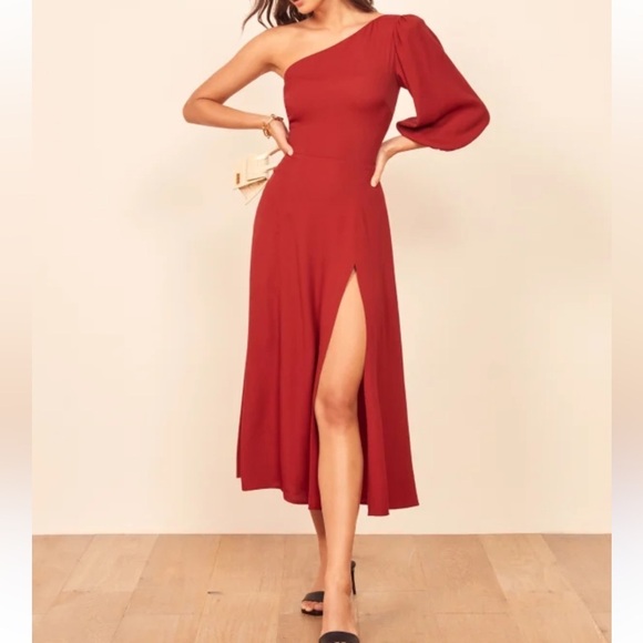 Reformation Lawrence Red Asymmetrical One-Shoulder Cocktail Dress Sz 12 - Picture 12 of 16